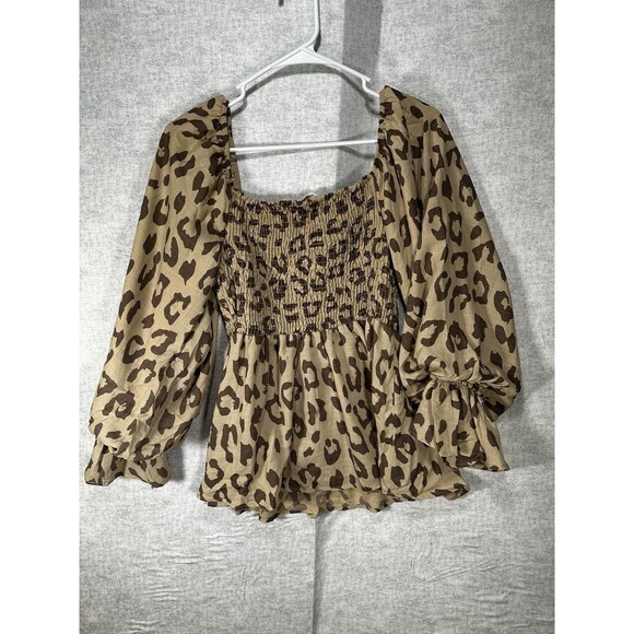 Caramela Smocked Leopard Long Sleeve Top Off Shoulder Women’s Medium Puff Sleeve - Picture 6 of 6